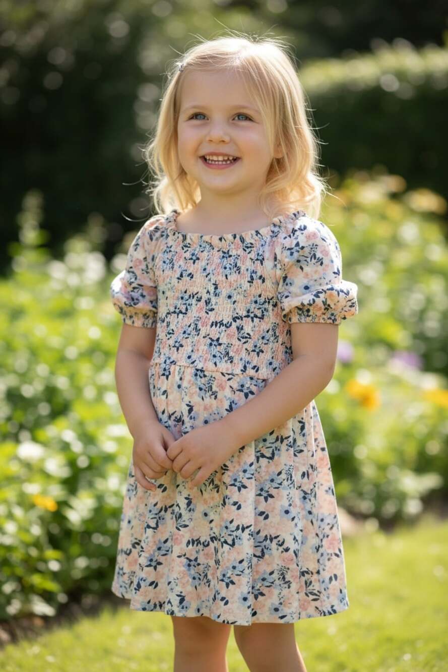 BCBG Girls Blue and Pink Floral Smocked Puff Sleeve Dress